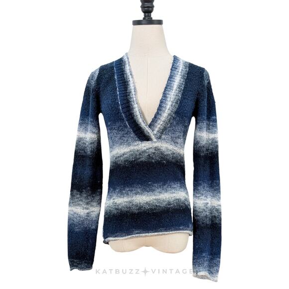 Energie V Neck Sweater L Blue Vintage Y2K Elena Bella Twilightcore Swan Stripe - Picture 2 of 11